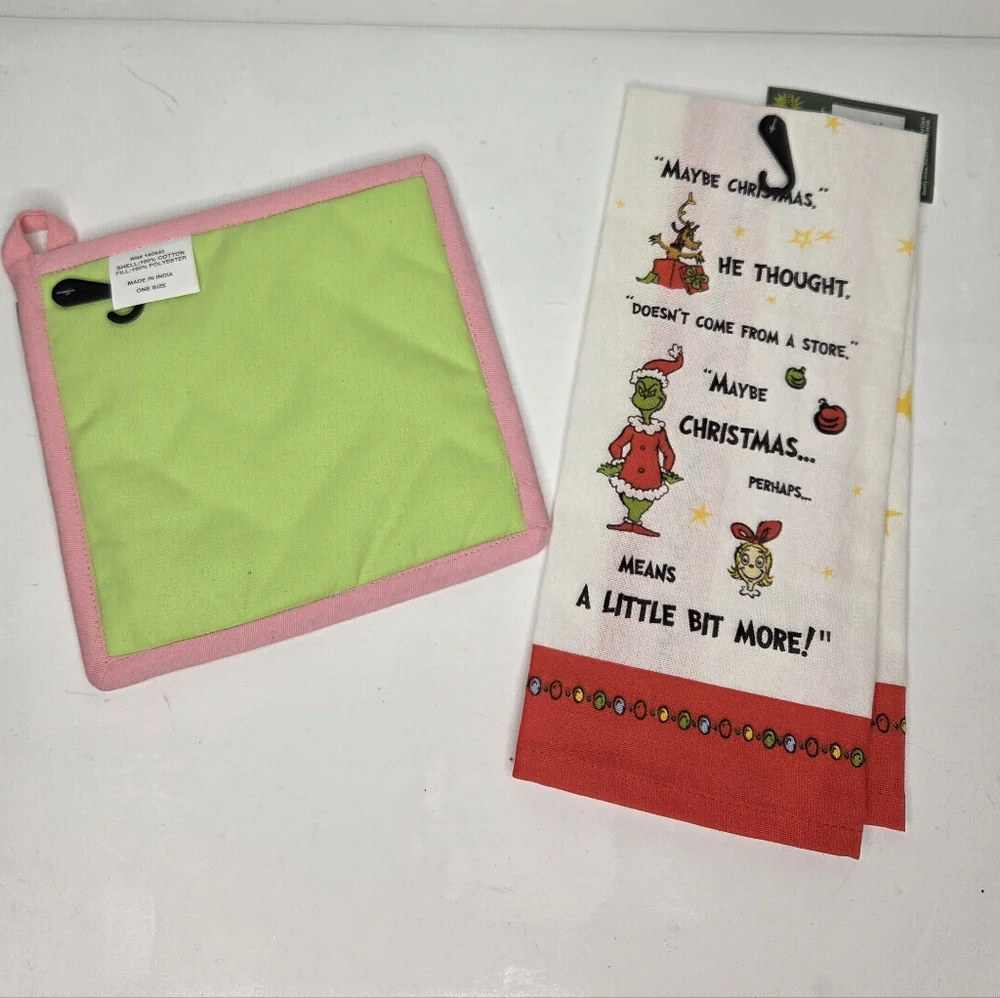 Dr. Seuss Grinch Pot Holder and Tea Towel‎ Set Christmas Green and Pink
